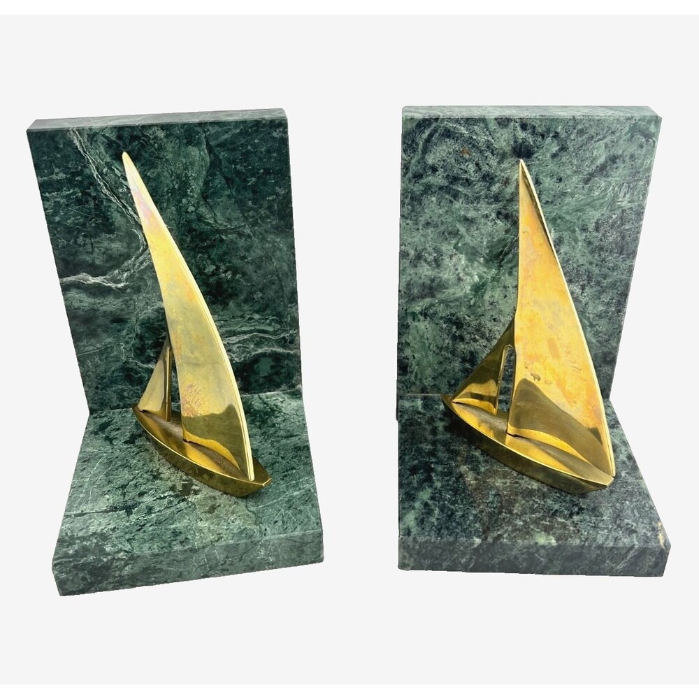 Vtg Marble Brass Sailboat Bookends Verde Green Nautical Sailing Executive Office